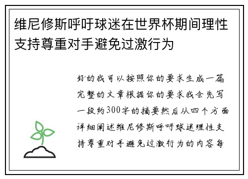 维尼修斯呼吁球迷在世界杯期间理性支持尊重对手避免过激行为
